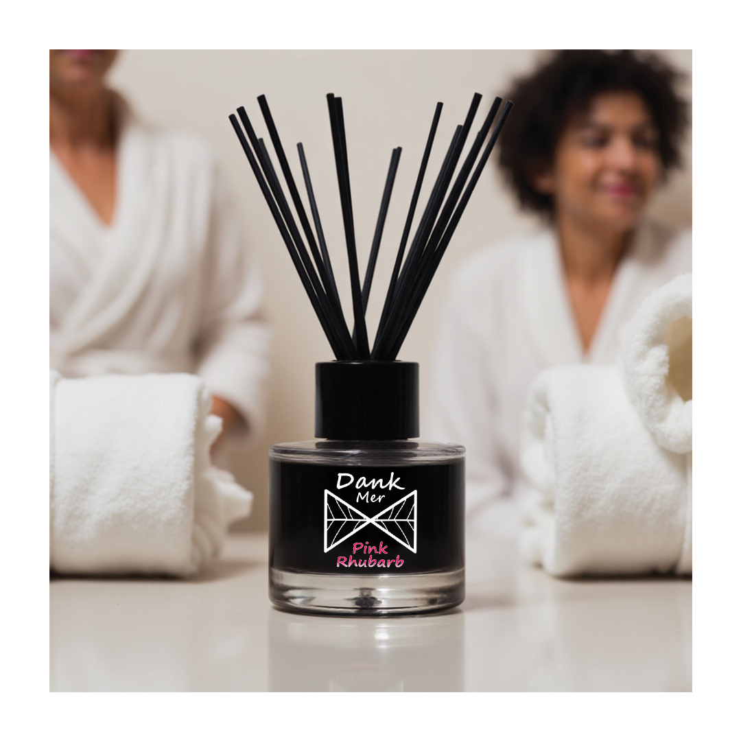 Dank Mer vegan UK reed diffusers in distinctive scents including Thawed Fudge, Pink Rhubarb, Pink Oud and Royal Oud at Sostter