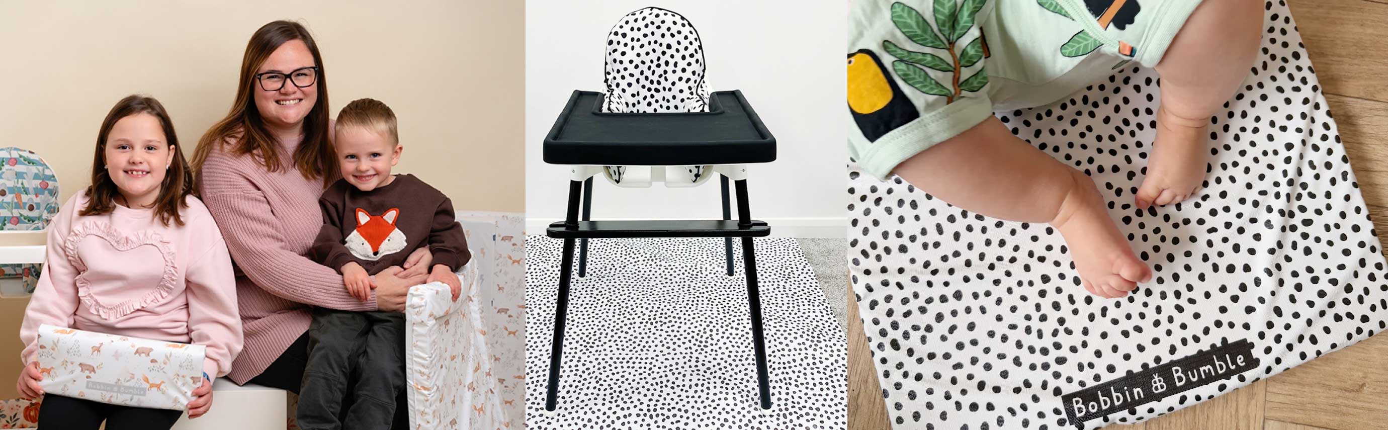 obbin and Bumble IKEA highchair accessories and baby essentials — wipeable covers, splash mats and changing mats made in Yorkshire by founder Emma, available at Sostter