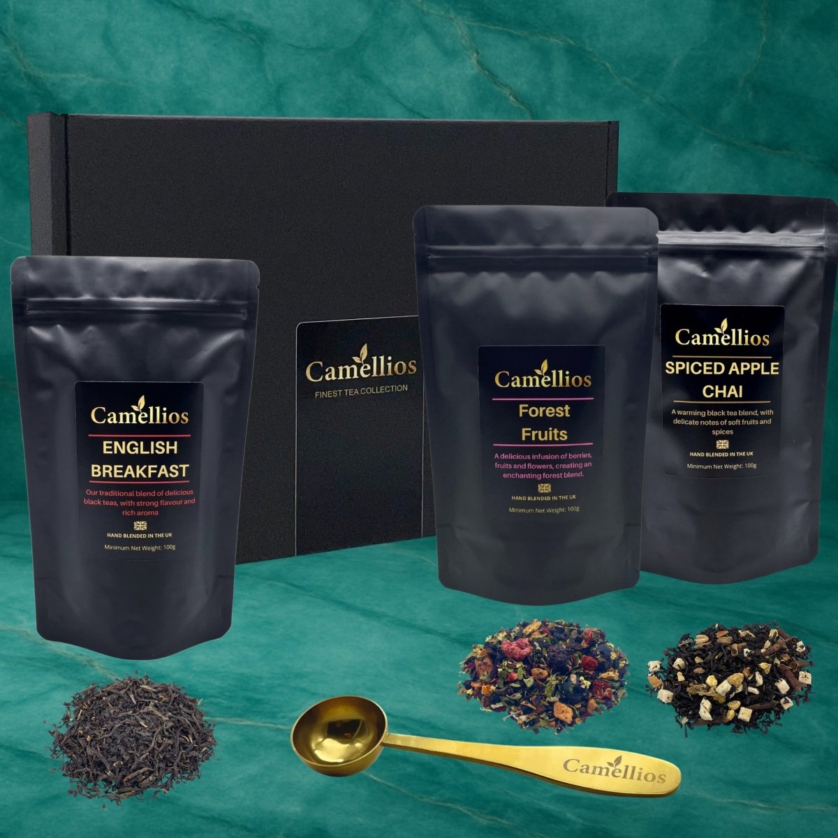 Camellios award-winning premium loose leaf tea hand blended in London - Great Taste Award winner including black green Earl Grey chai and saffron blends at Sostter