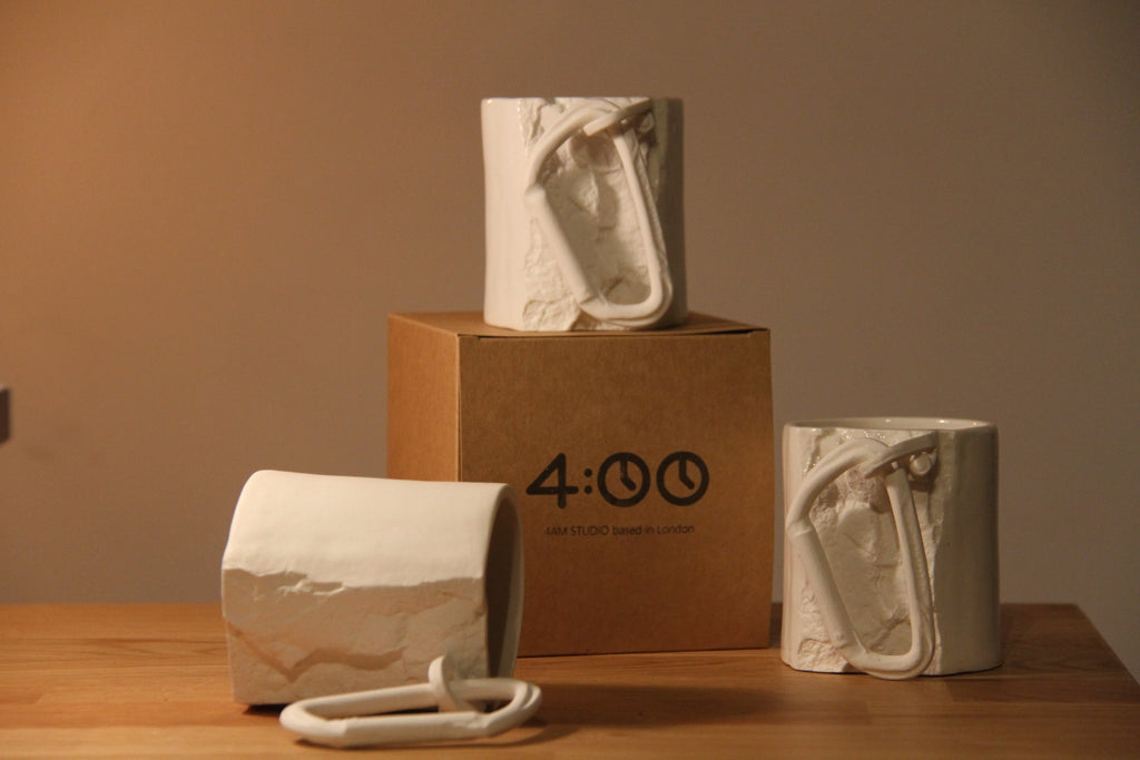 4AM Studio playful handmade porcelain ceramics by four Camberwell-trained designers in London - gesture mugs, stairs cups, animal egg cups at Sostter