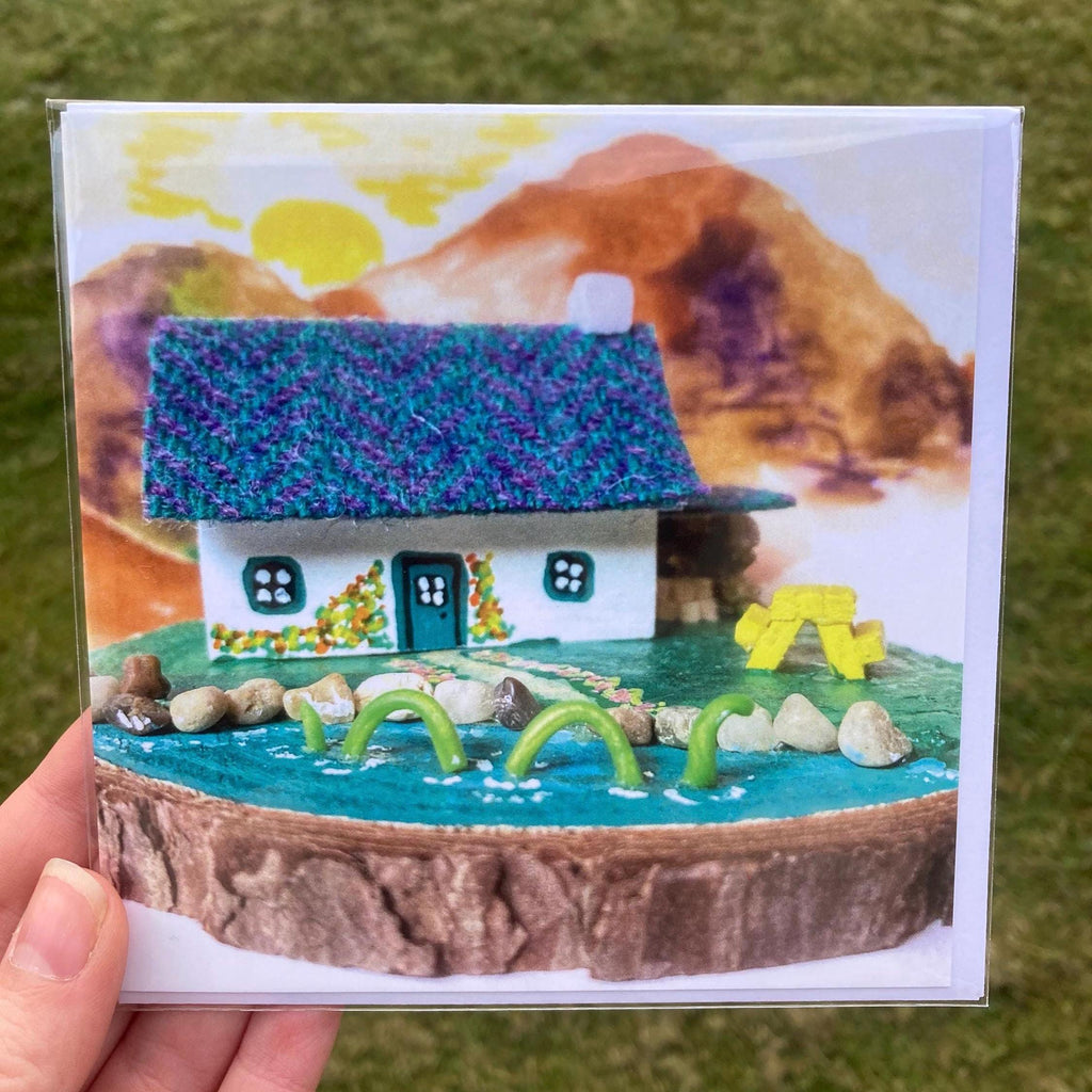 Emily Gilbert Handmade Harris Tweed miniature Scottish bothies, folk-art wooden earrings and jewellery handmade in Fife, Scotland at Sostter