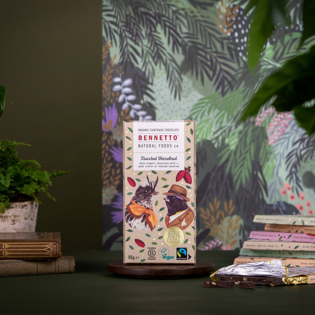 Bennetto organic Fairtrade dark chocolate bars in illustrated recyclable packaging — B Corp certified, vegan and gluten-free | Sostter