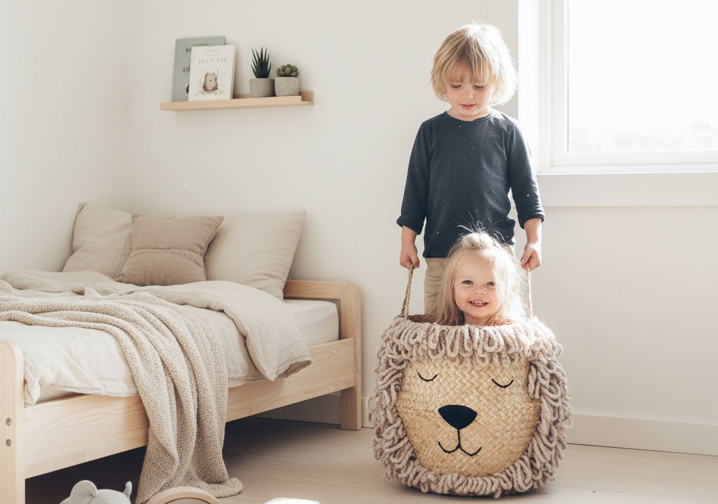 Bellybambino handmade seagrass belly baskets with hand-embroidered animal designs for nursery toy storage - Gold Made for Mums award-winning independent brand at Sostter