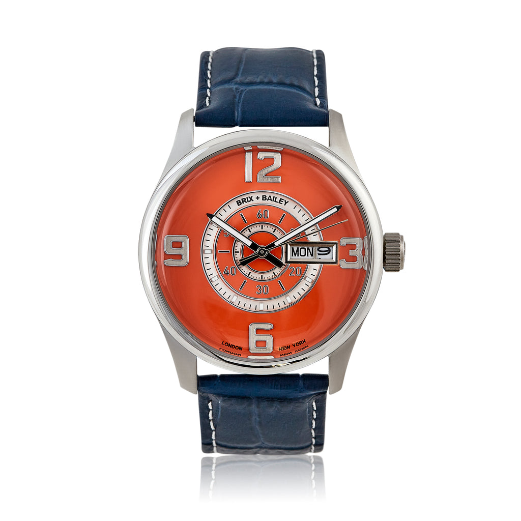 Men’s watch with bold orange dial and blue leather strap – independent designer timepiece from Sostter.