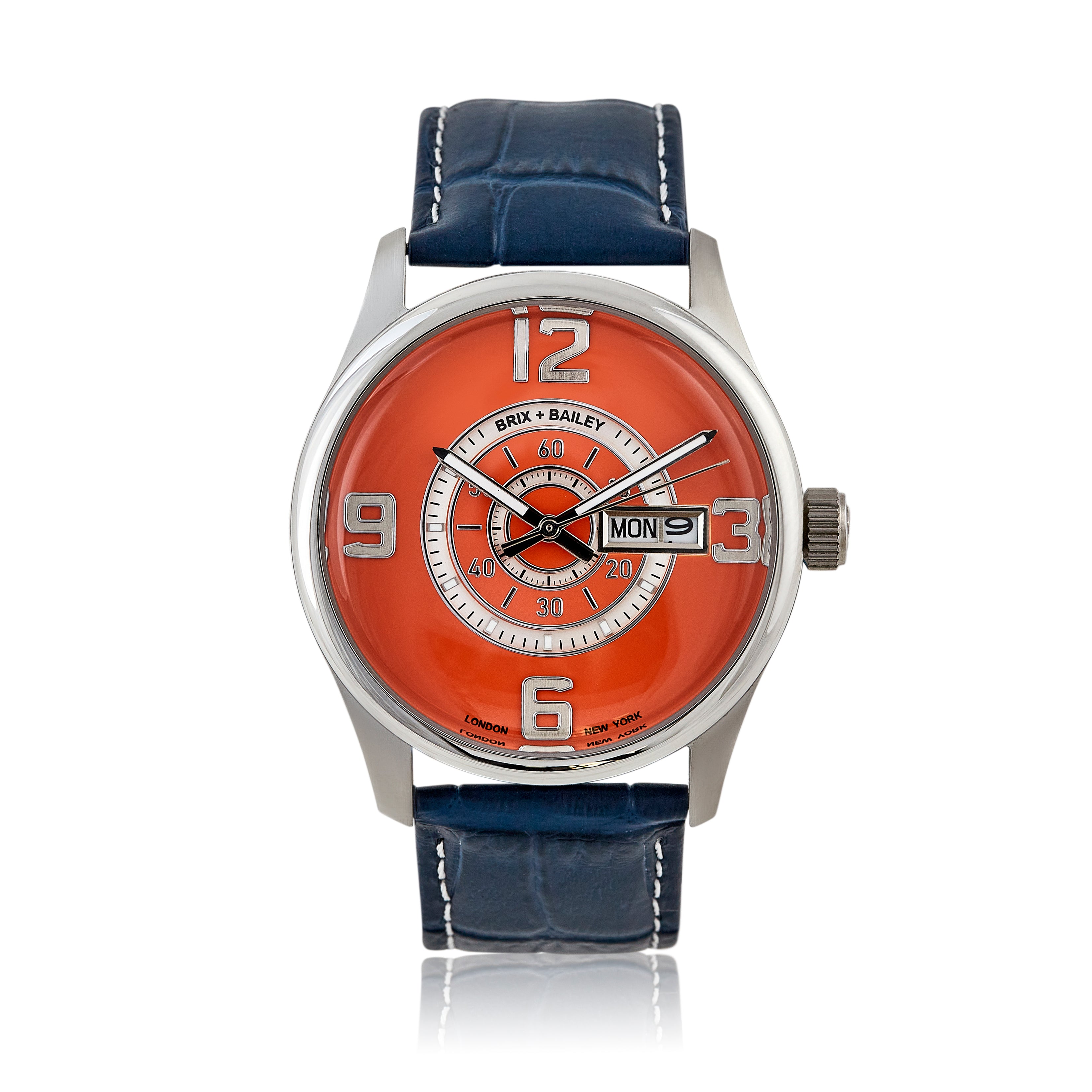 Men’s watch with bold orange dial and blue leather strap – independent designer timepiece from Sostter.