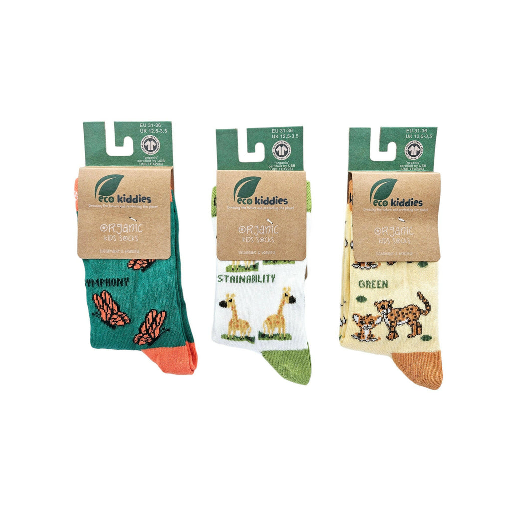 Eco Kiddies GOTS-certified organic cotton children's socks designed by three Nottingham siblings Francis, Claire and Emmanuel at Sostter