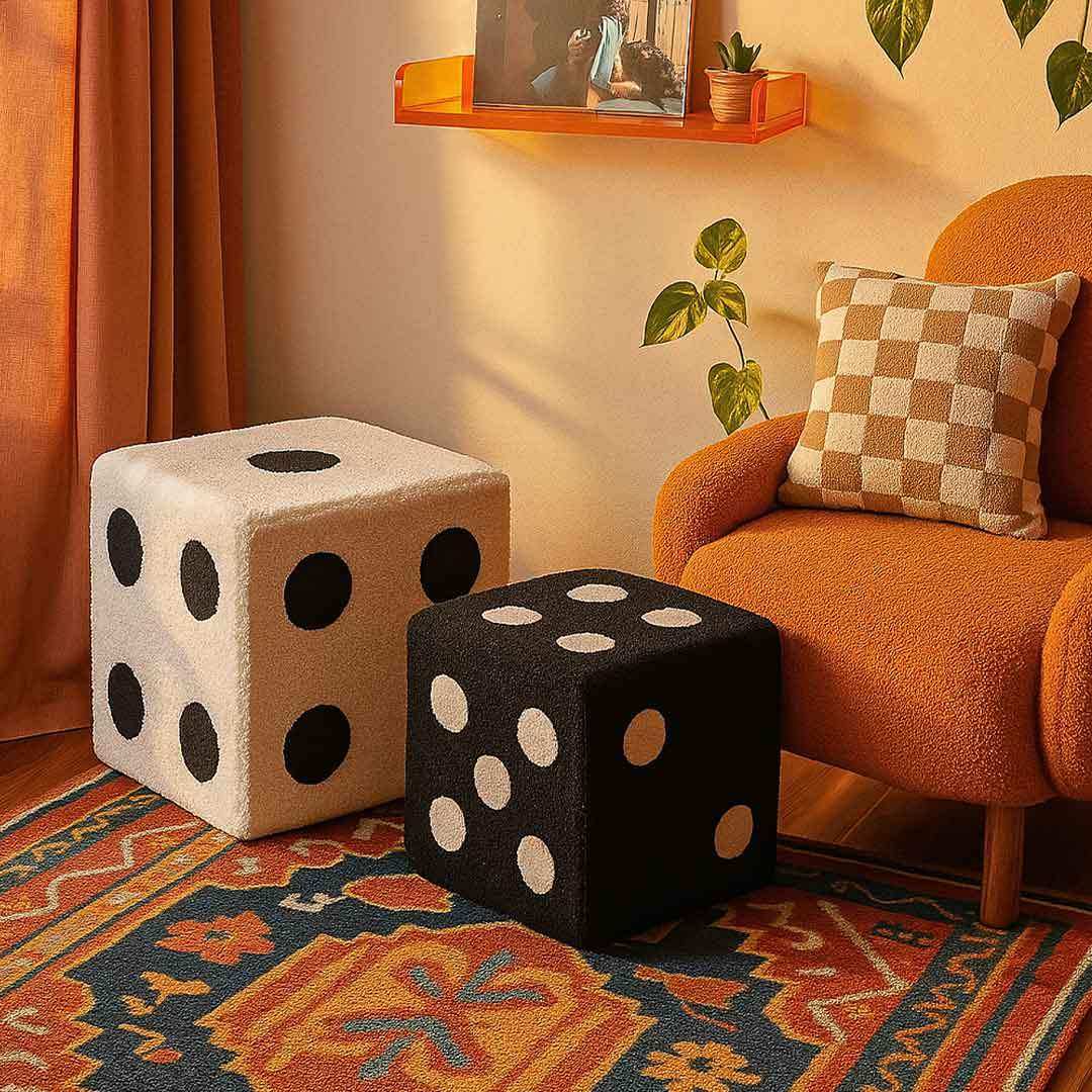Sickhaus contemporary furniture cubes in orange and neutral interior — available at Sostter Marketplace.