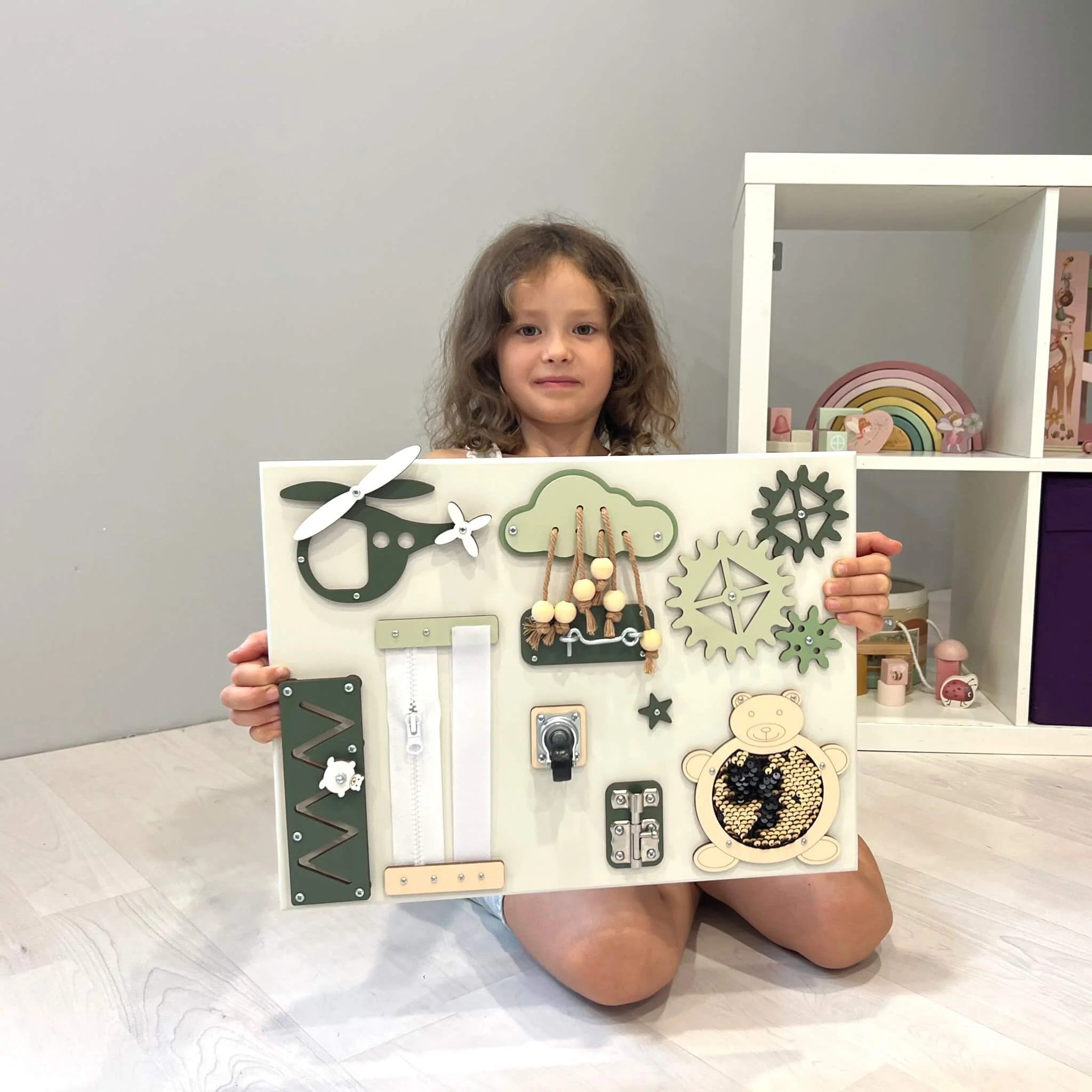 Busy Bunny Toys handmade Montessori busy board in certified plywood - sensory activity board with latches locks and zippers for toddlers at Sostter