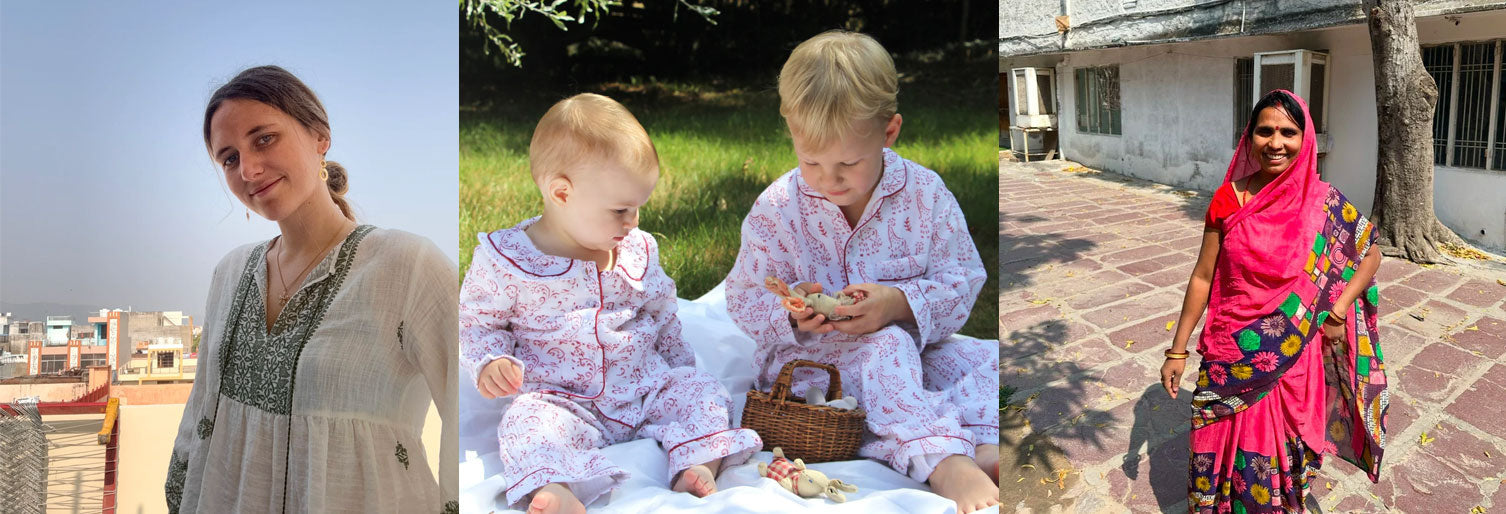 WooWoo London handmade organic cotton mum and baby essentials - block printed muslin swaddles and sleeping bags made by artisans in Jaipur at Sostter