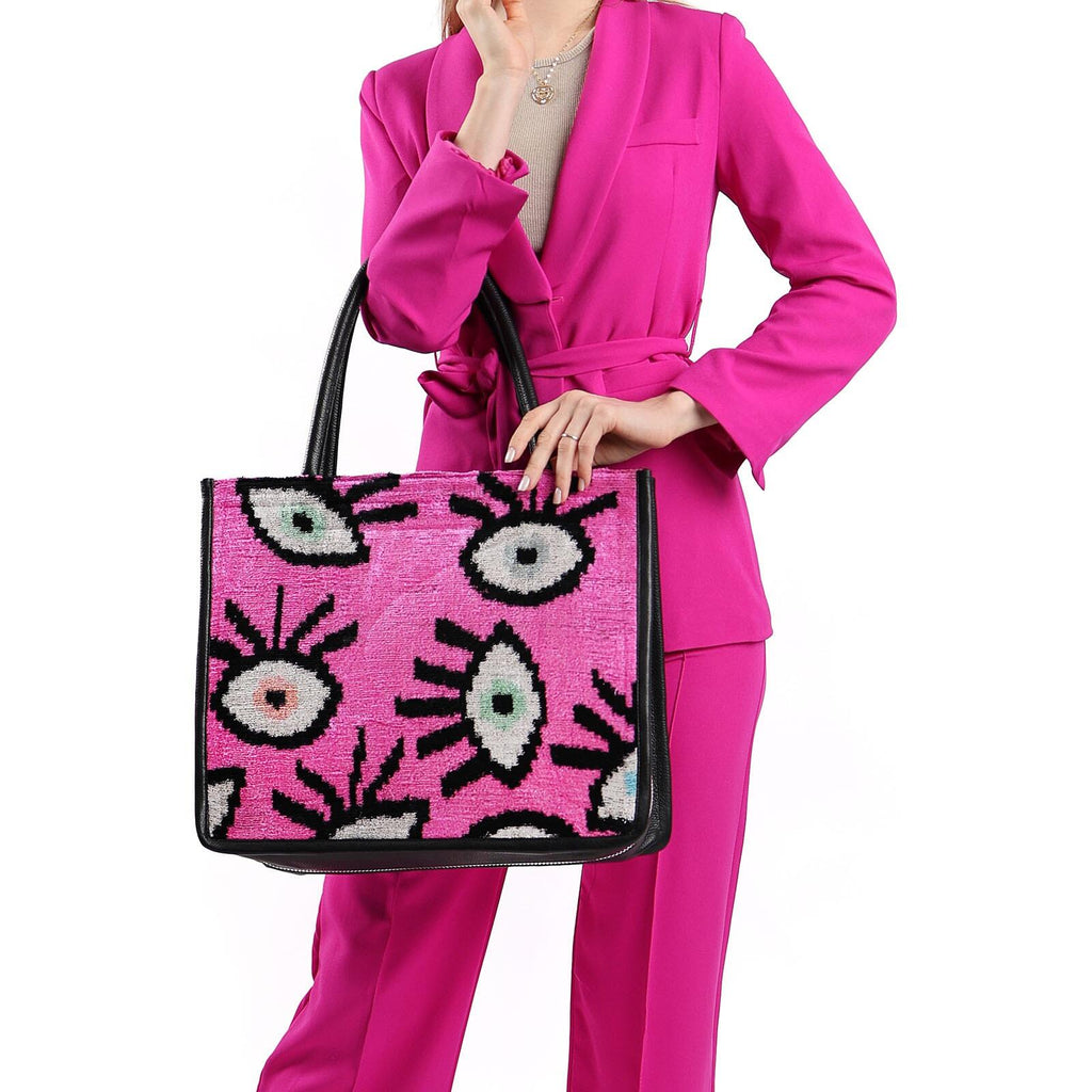 Abby Pink Eye Pattern Tote – Luxurious Silk & Leather Bag by Jkel at www.brixbailey.com