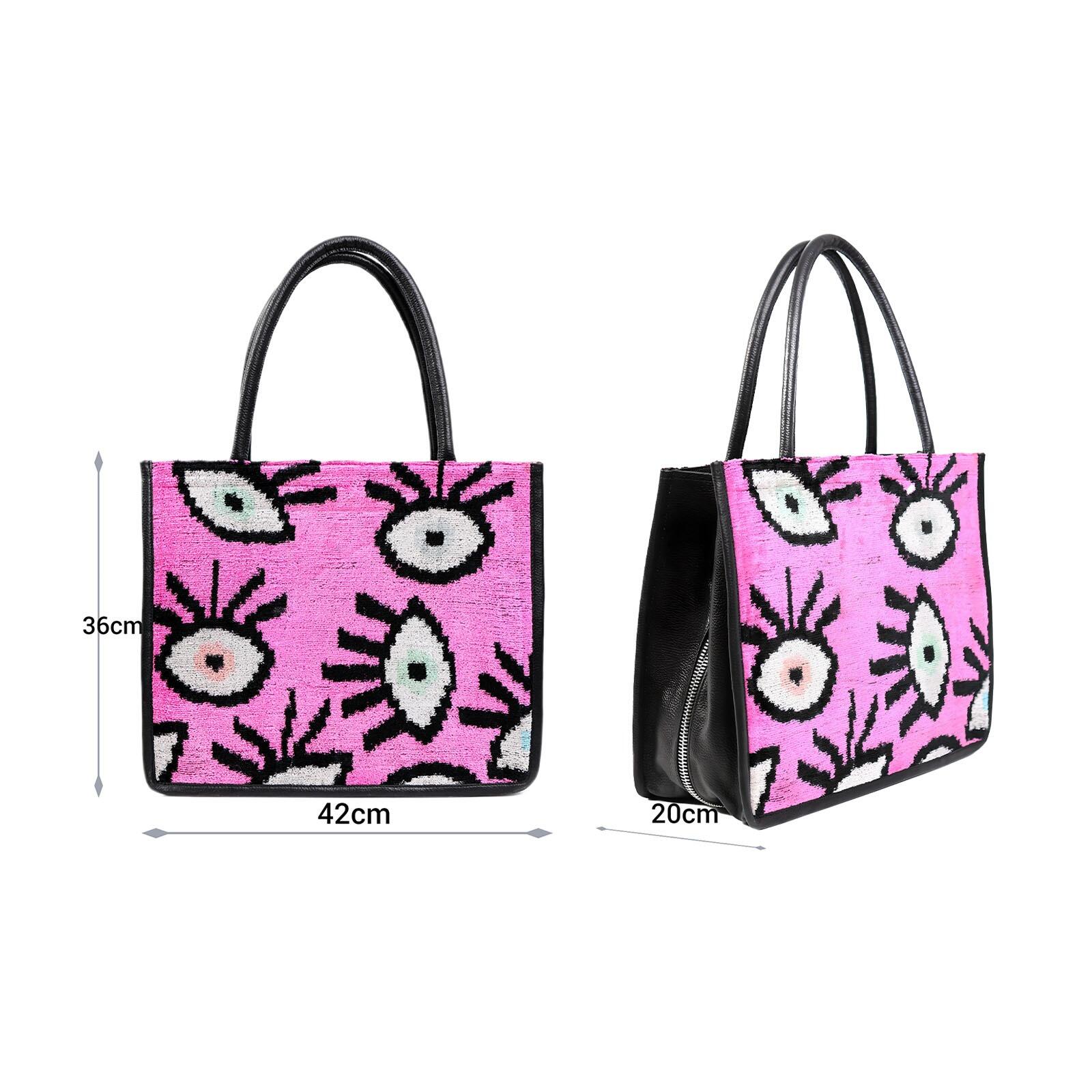 Abby Pink Eye Pattern Silk & Leather Tote – Spacious & Handmade by Jkel at www.brixbailey.com