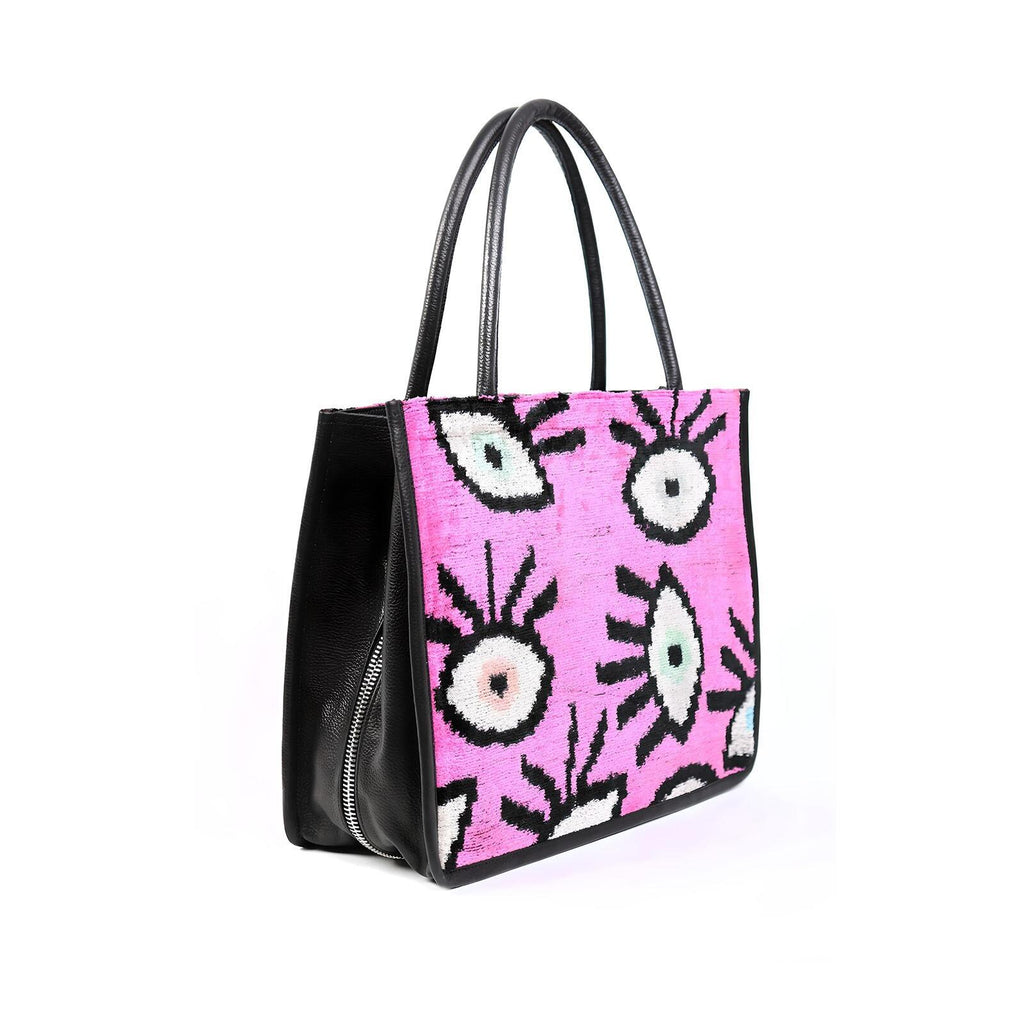 Luxurious Abby Pink Eye Silk & Leather Tote Bag – Spacious & Stylish by Jkel at www.brixbailey.com
