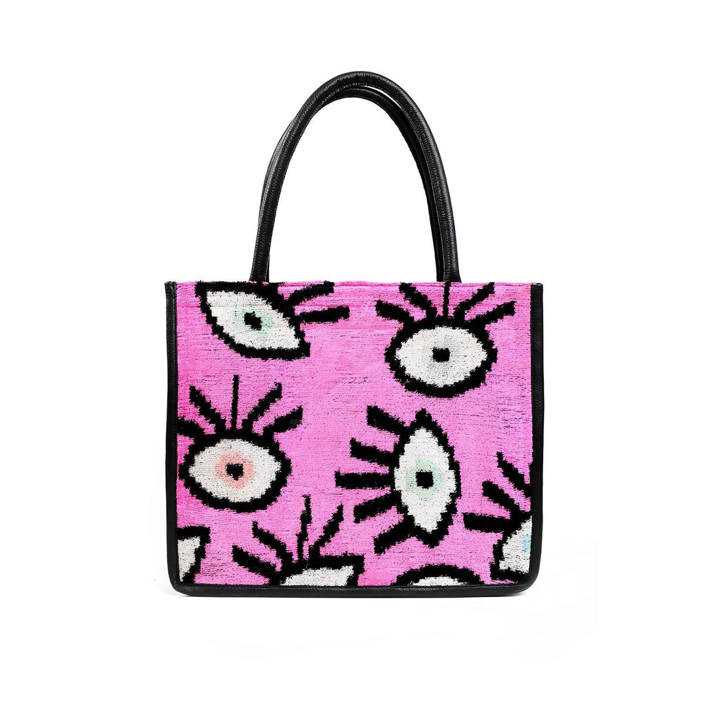 Abby Pink Eye Pattern Silk & Leather Tote – Spacious & Handmade by Jkel at www.brixbailey.com