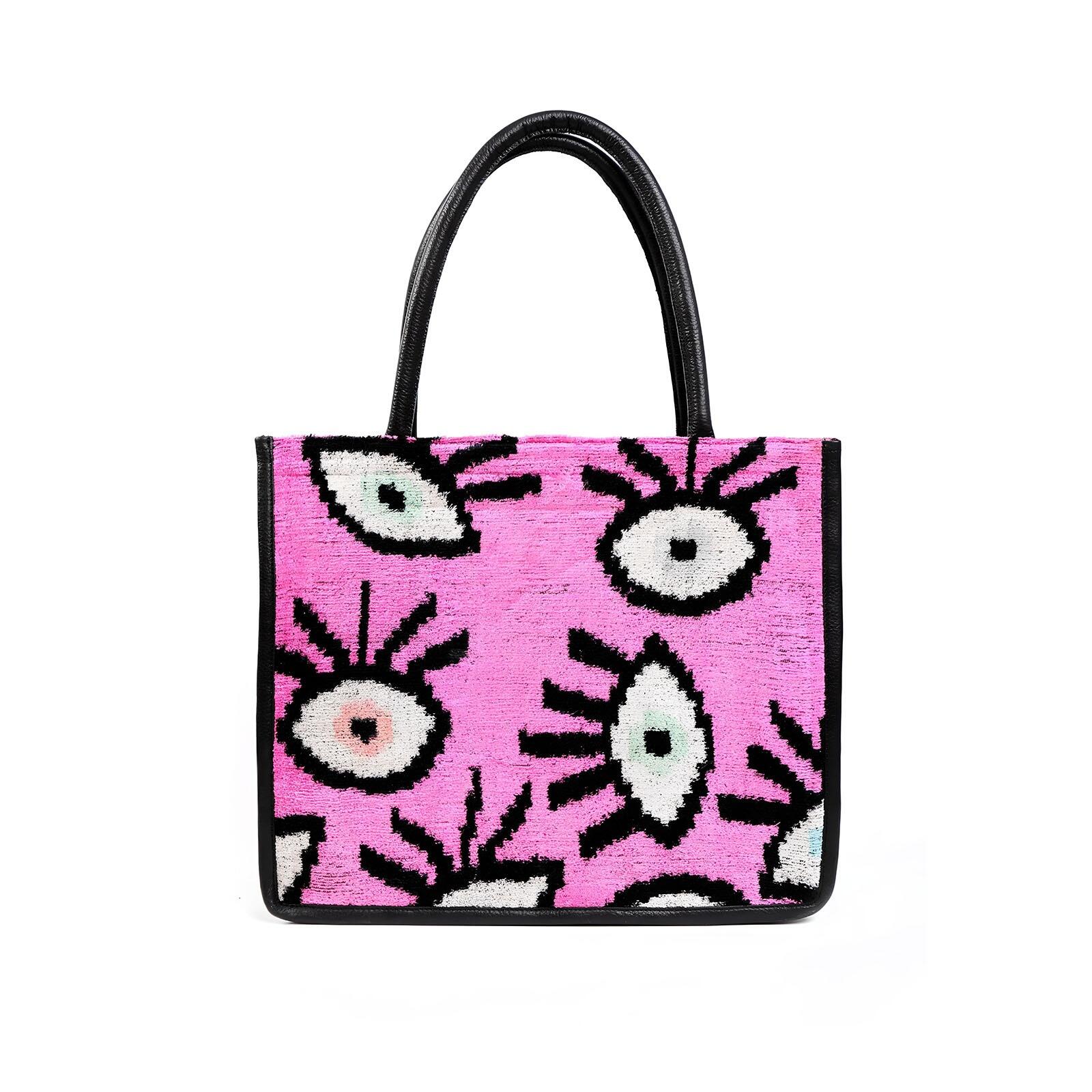 Abby Pink Eye Pattern Silk & Leather Tote – Spacious & Handmade by Jkel at www.brixbailey.com