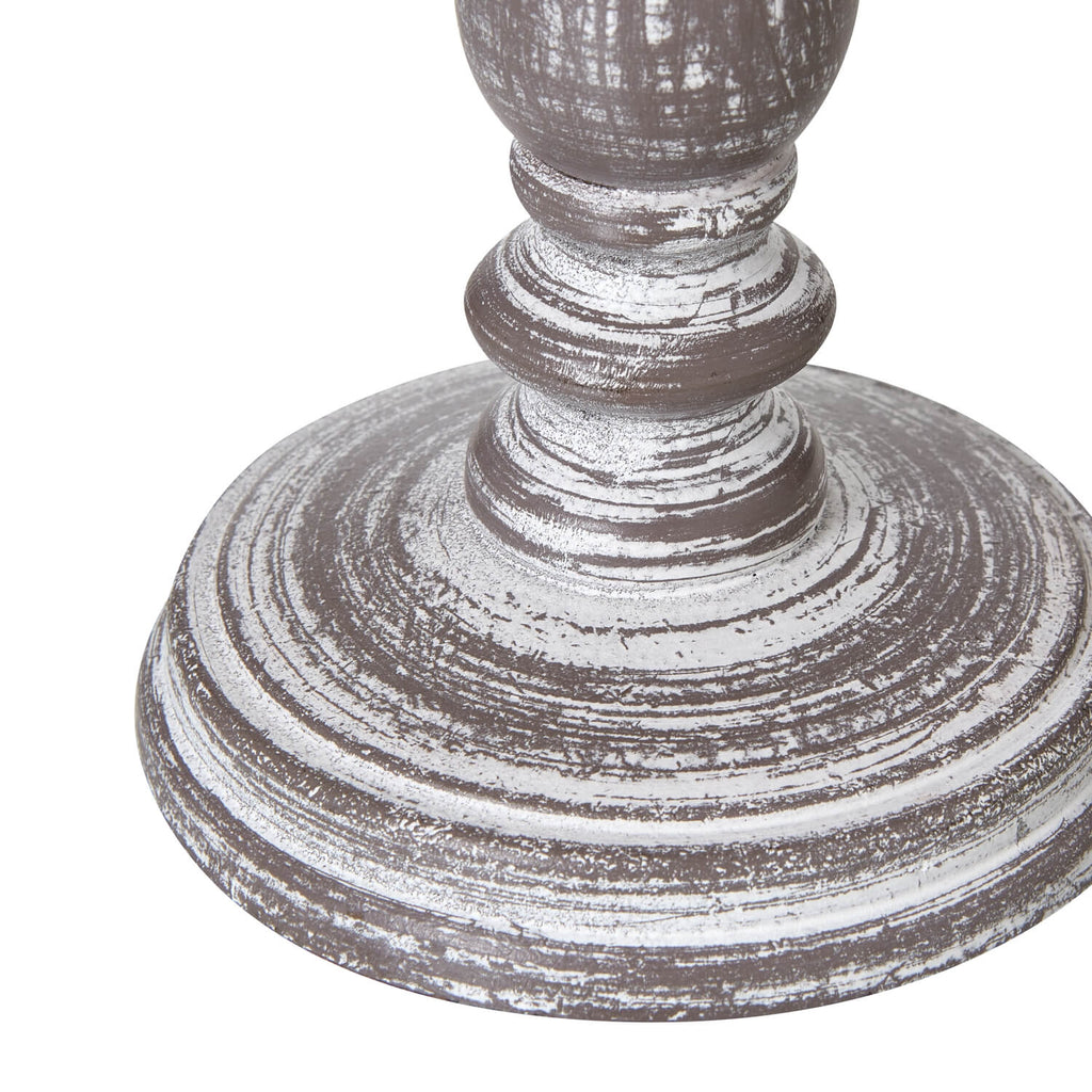 Rustic table lamp with weathered gray-washed wood base and natural linen shade for farmhouse or industrial decor.by Sostter at brixbailey.com