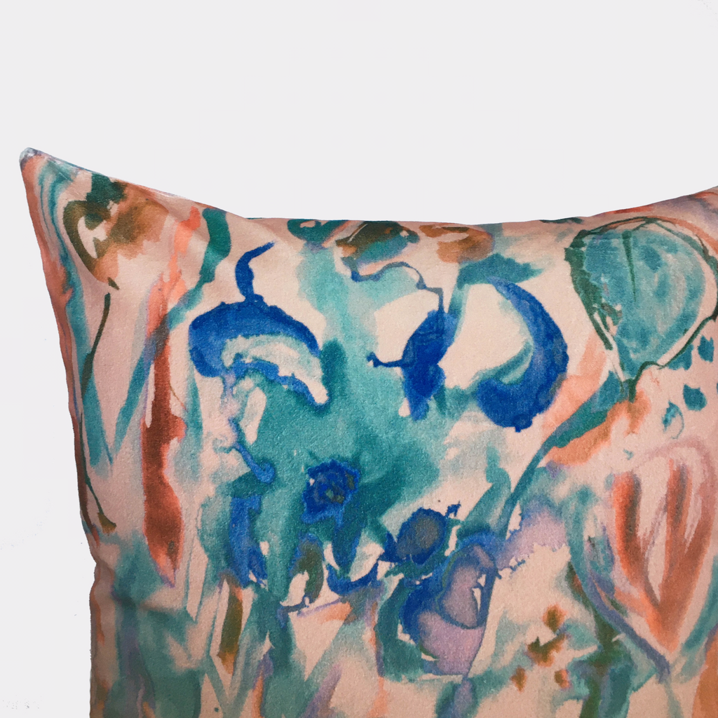 Watercolour Floral Velvet Cushion - Blush