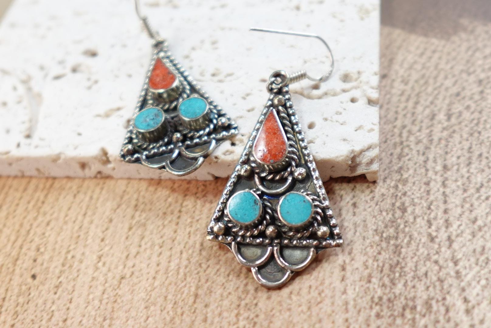 Tribal Boho Triangle Drop Earrings with Turquoise and Coral Stones in Antique Silver