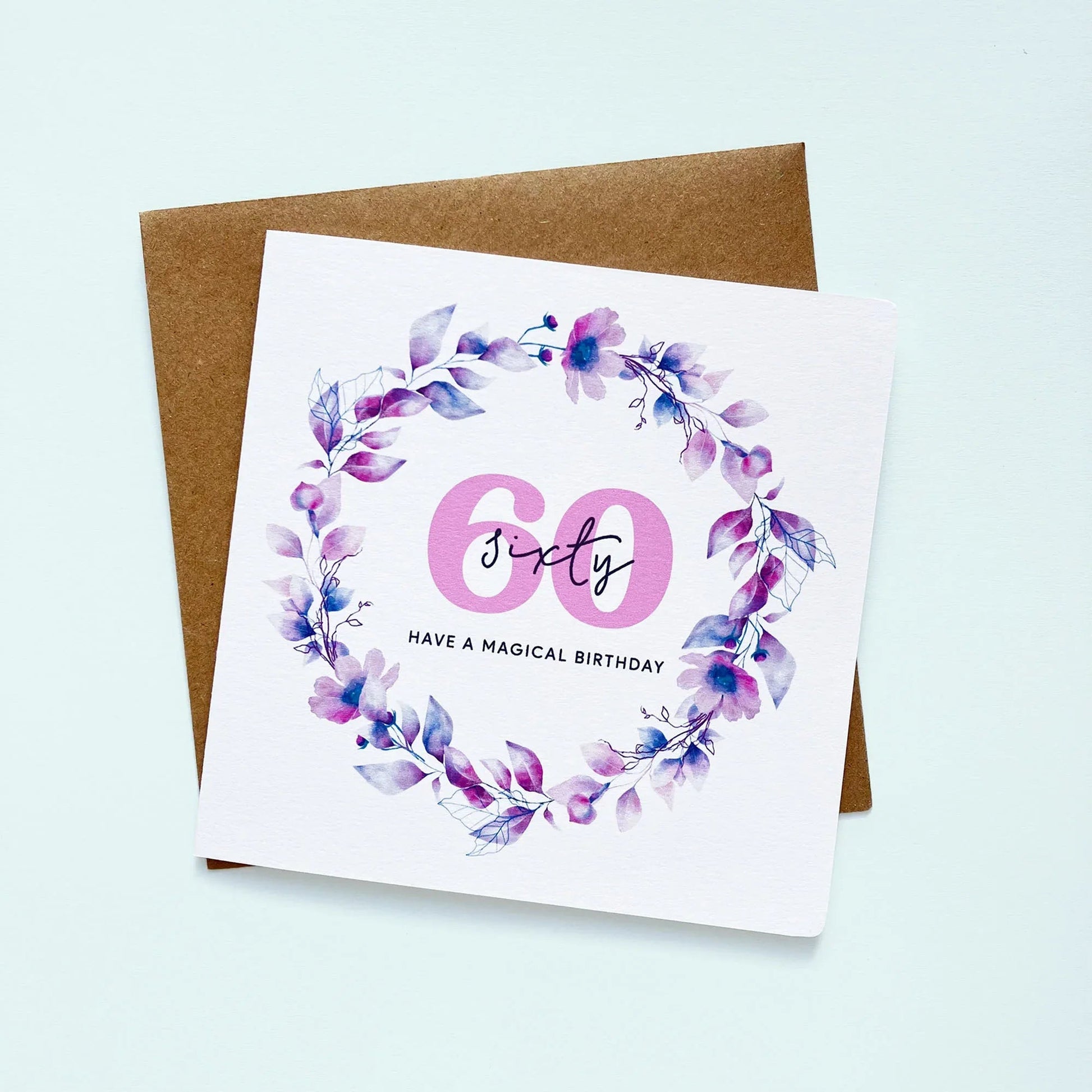 60th Birthday Card for Her with Watercolour Wreath