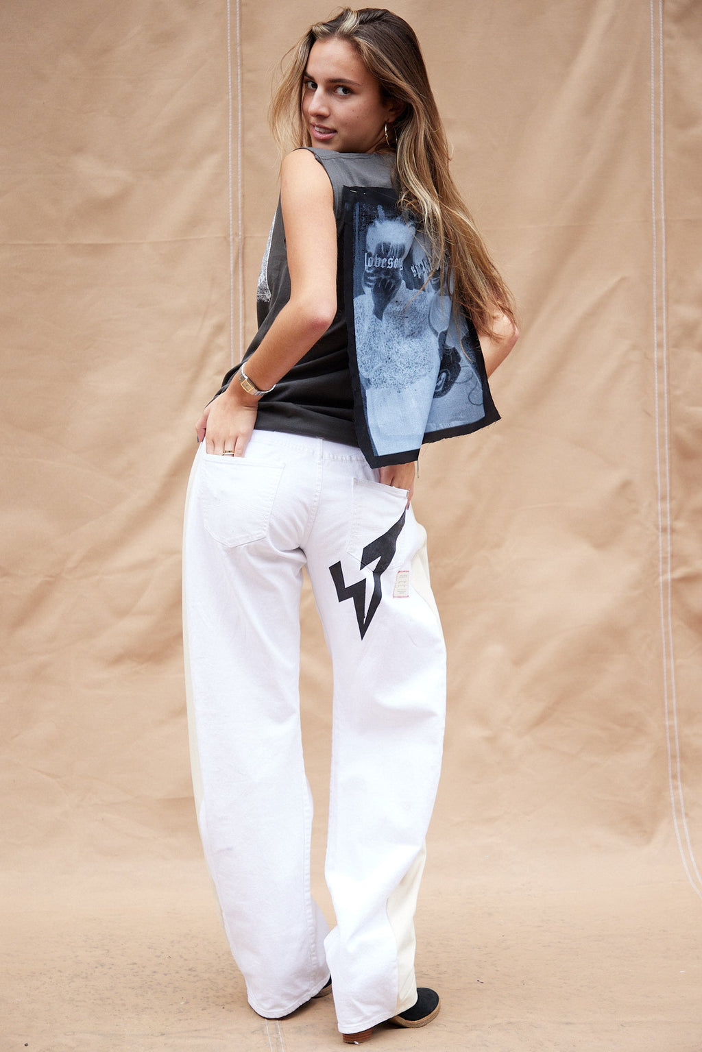 White Lightning Bolt Wide Leg Jeans