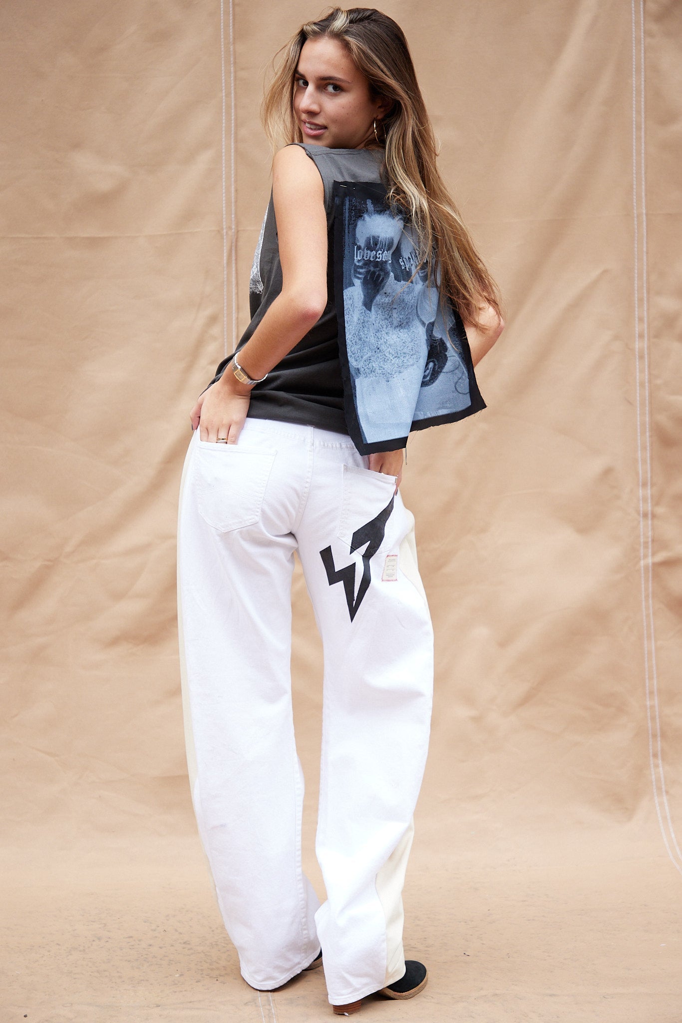 White Lightning Bolt Wide Leg Jeans