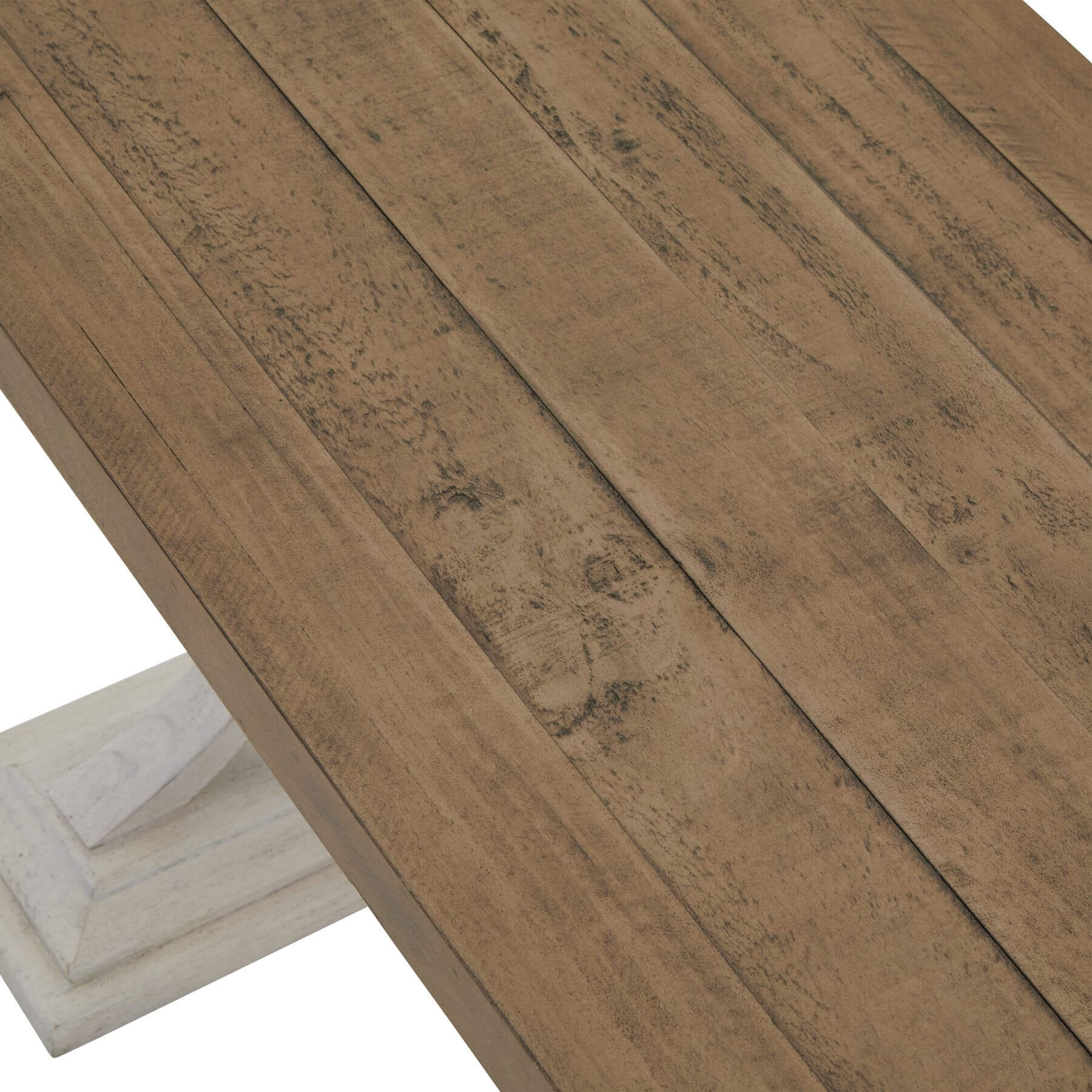 Rustic modern farmhouse dining bench with pine top and white legs, handcrafted solid wood design for cozy dining spaces by RoomLondon at brixbailey.com