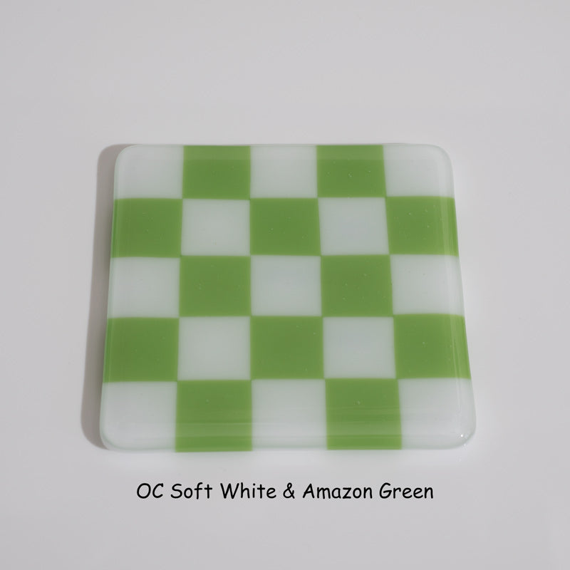 10cm Chequered Soft White Fused Glass Coaster