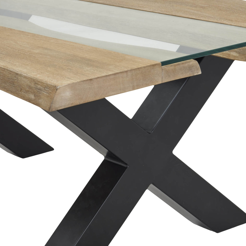 Live edge coffee table with acacia wood and clear resin inlay, natural tones and black accents, contemporary design by sostter at brixbailey.com