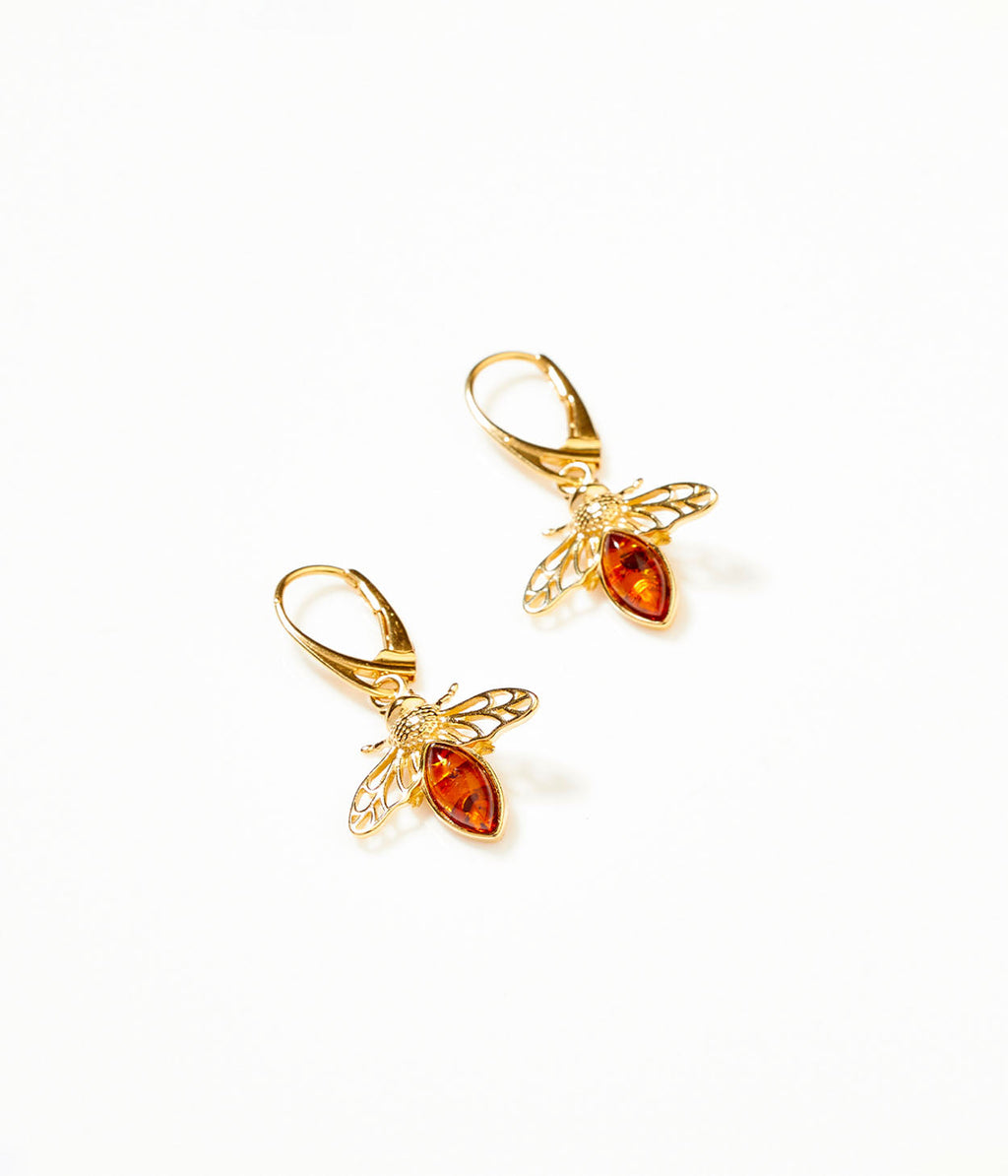 Gold Amber Bee Earrings
