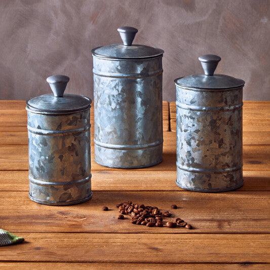 Set of Three Galvanised Steel Canisters