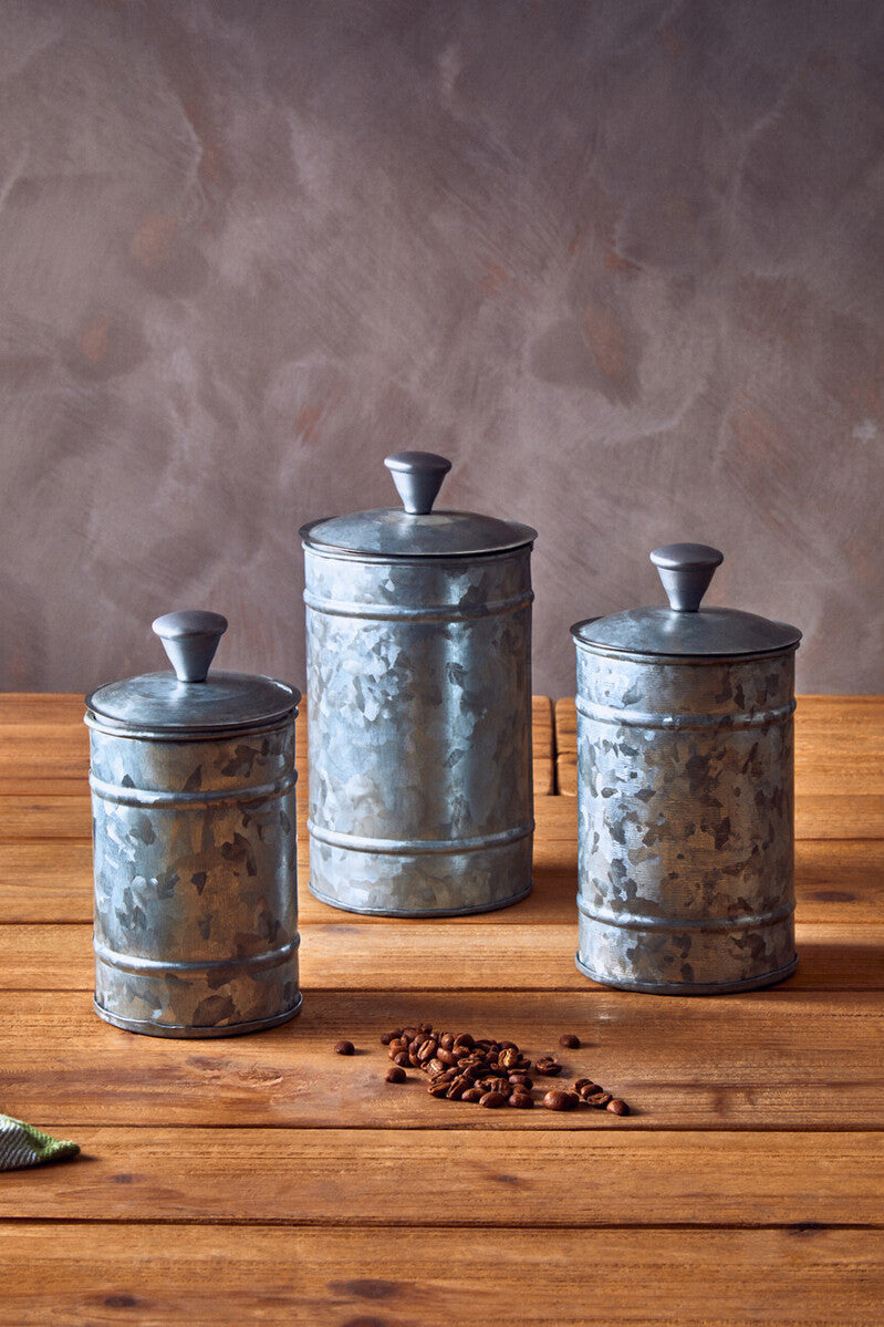 Set of Three Galvanised Steel Canisters