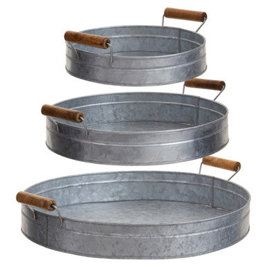 Set of Three Round Galvanised Steel Trays with Wooden Handles