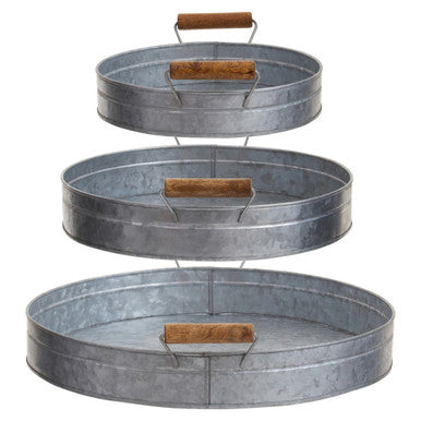 Set of Three Round Galvanised Steel Trays with Wooden Handles