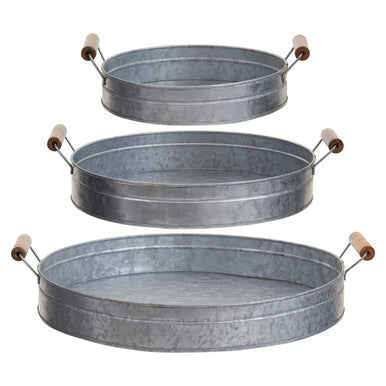 Set of Three Round Galvanised Steel Trays with Wooden Handles