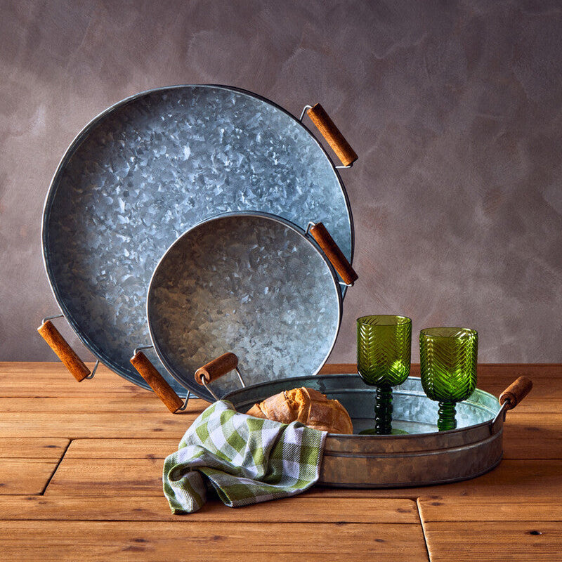 Set of Three Round Galvanised Steel Trays with Wooden Handles