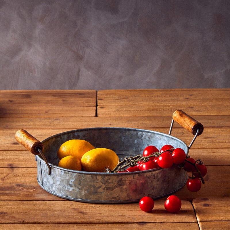 Set of Three Round Galvanised Steel Trays with Wooden Handles