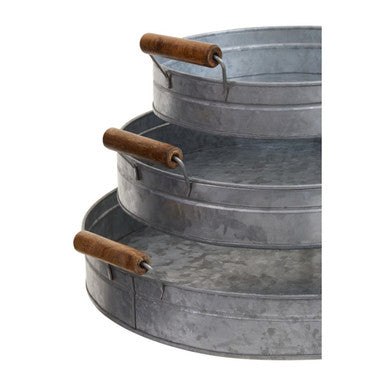Set of Three Round Galvanised Steel Trays with Wooden Handles