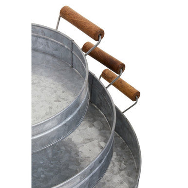 Set of Three Round Galvanised Steel Trays with Wooden Handles