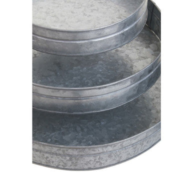 Set of Three Round Galvanised Steel Trays with Wooden Handles