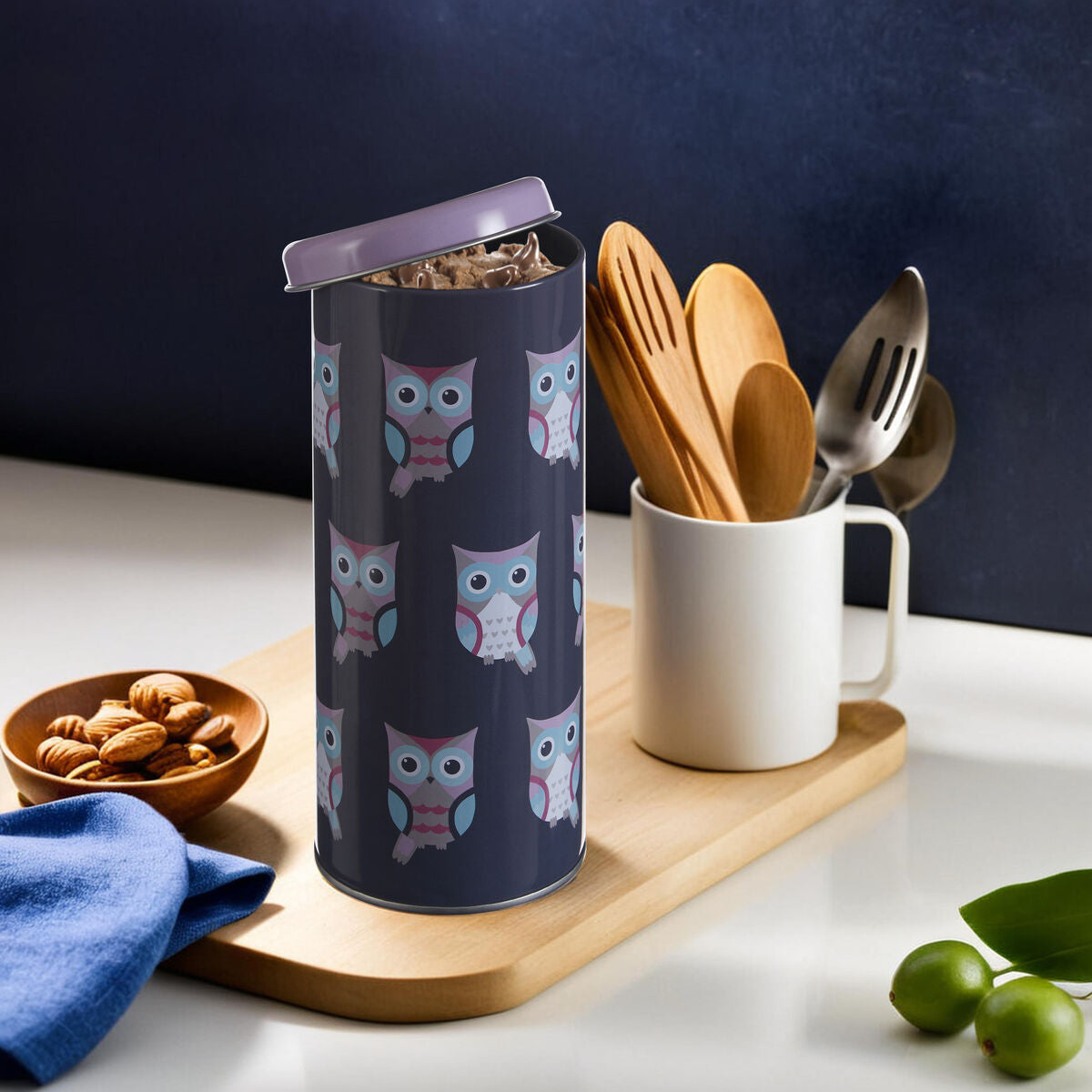 Round Storage Canister with Happy Owls Design