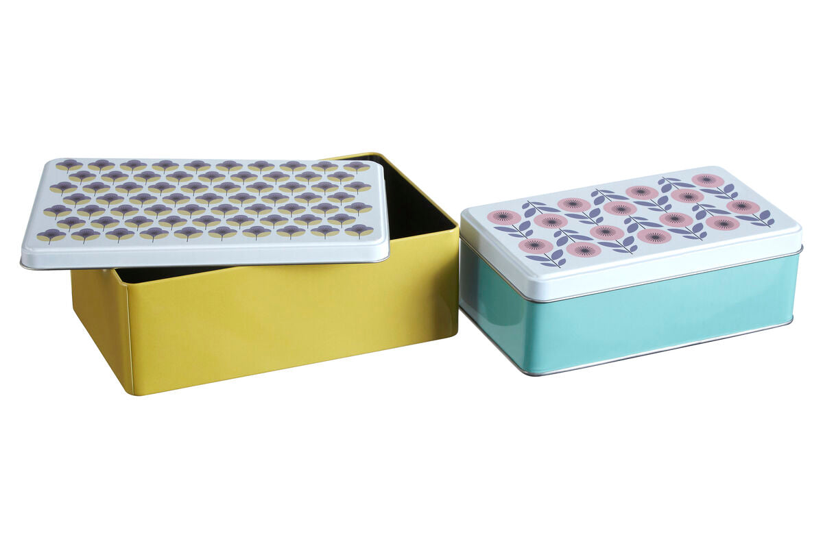 Set of Two Rectangular Storage Tins with Floral Lids