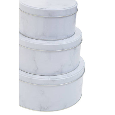 Set of Three White Marble Effect Storage Tins
