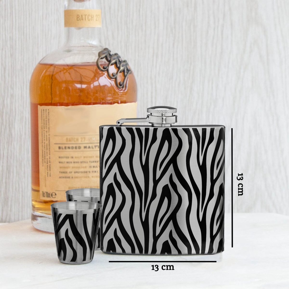 Zebra Hip Flask and Shot Glasses Set