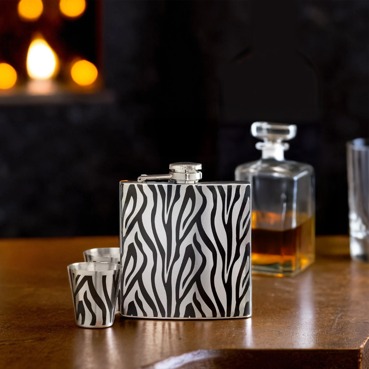Zebra Hip Flask and Shot Glasses Set