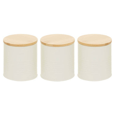 Set of Three Cream Kitchen Canisters with Bamboo Lids