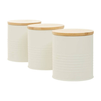 Set of Three Cream Kitchen Canisters with Bamboo Lids