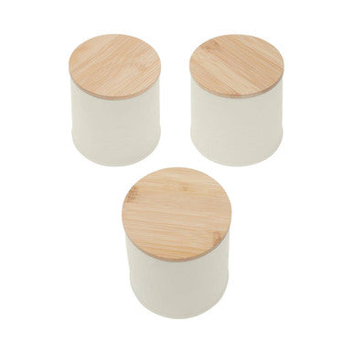 Set of Three Cream Kitchen Canisters with Bamboo Lids