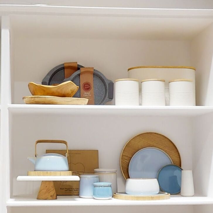 Set of Three Cream Kitchen Canisters with Bamboo Lids