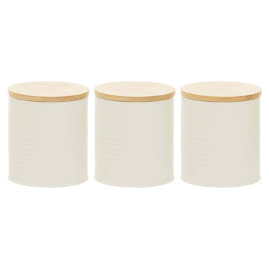 Set of Three Cream Kitchen Canisters with Bamboo Lids