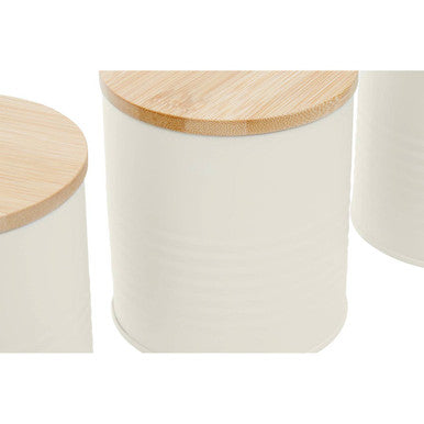 Set of Three Cream Kitchen Canisters with Bamboo Lids