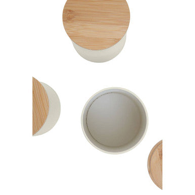 Set of Three Cream Kitchen Canisters with Bamboo Lids